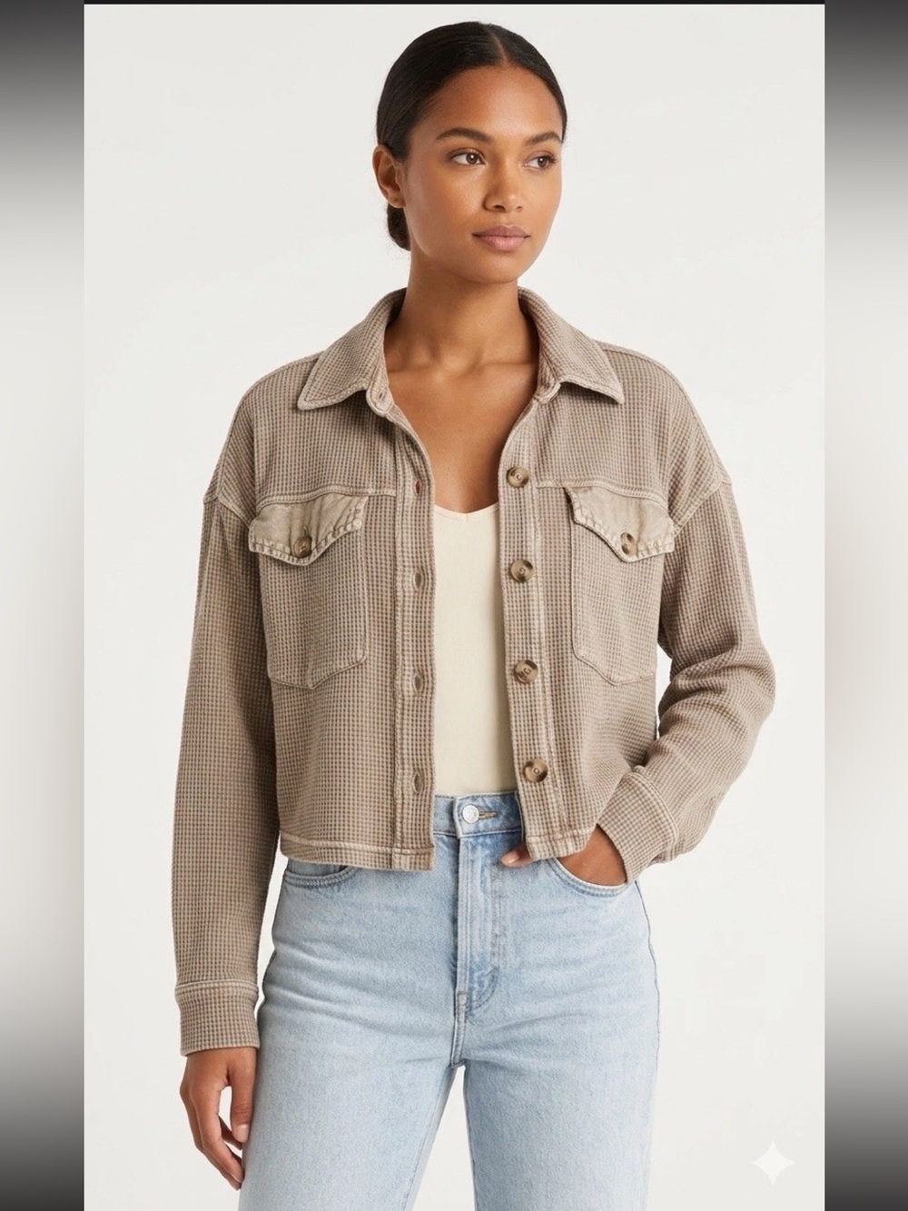 Bagatelle Waffle Knit Shacket Women’s XS Beige Cropped Cotton Jacket